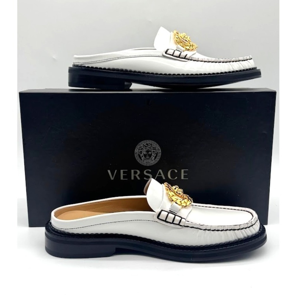 Versace Medusa Biggie White Leather Mule Loafers Gold Hardware IT 39 US‎ 9 NEW